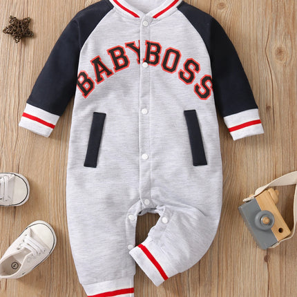 Fashionable letter printed long sleeved round neck cute and personalized baby boy jumpsuit