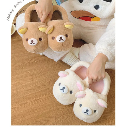 Cute Rilakkuma Unisex Cotton Slippers Warm Indoor Outdoor Anti-Slip Home Shoes Cute Design Winter Wearable for Men And Women