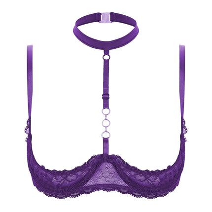 Womens 1/4 Cups Underwire Hollow Out Open Cup Nipples Bra Halter O Ring Exposed Lace Push Up Brassiere Lingerie Bra Underwear
