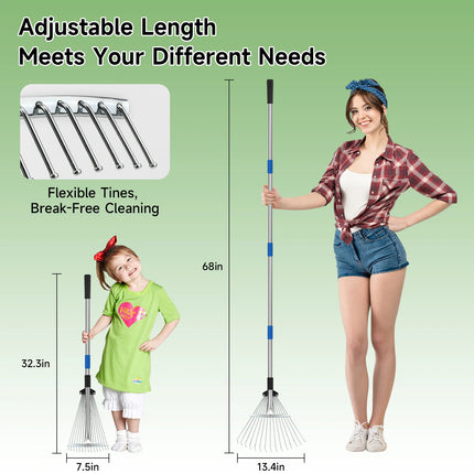 160CM Metal Garden Rake With Adjustable Handle for Leaves, Thatch, and Lawns - Heavy Duty Leaf Collector for Garden and Yard