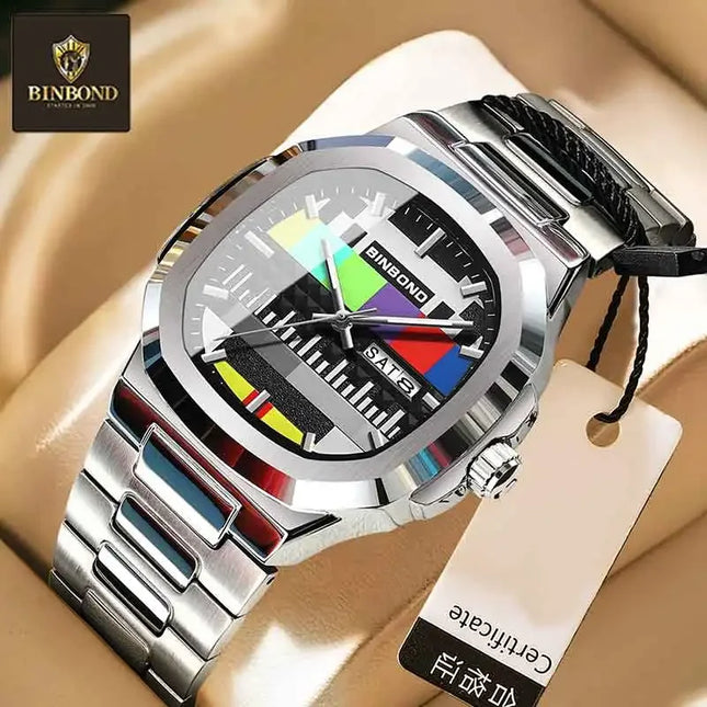 BINBOND Creative TV Dial Men's Watches New Fashion Original Retro Design Luminous Quartz Wristwatch For Men With Calendar Week