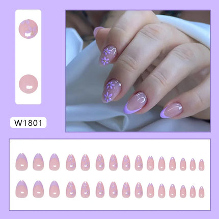 Dark Brown Flowers 24 Pcs Press-on Nails Pink Nail Polish Glossy Artificial Finger Manicure Reusable False Nails
