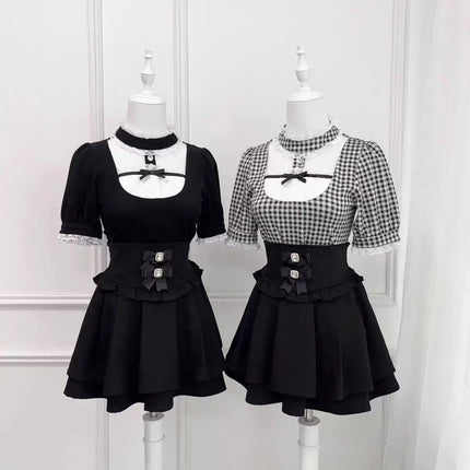 Japanese Gothic Lolita Style Shirts Women Vintage Sweet Y2k Lace Ruffles Short Sleeve Plaid Blouse Girls Casual Tops