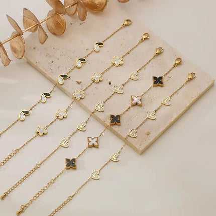 GANPUP 316L Stainless Steel Metal Gold Color Flower Heart Bracelet Bangle Texture Jewelry Trendy Wrist Chain for Women Men New