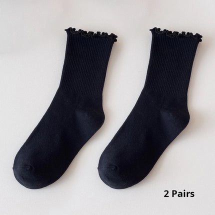 Cotton Socks for Women Girls Ruffle Top Solid Color Spring Autumn Breathable Soft Mid-calf Sock 1 Pair or 2 Pairs