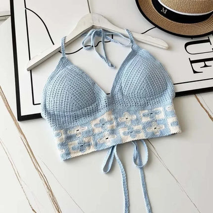 National Style Women's Swimwear Top with Chest Pads Bohemian Beach Wear Outfit Crochet Halter Neck Summer Sling Beach Vacation