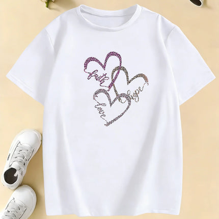 Leopard Print with Love Heart T-Shirts Kids Children's T-shirt Boys Girls Summer Spring Casual Top Tee Shirt