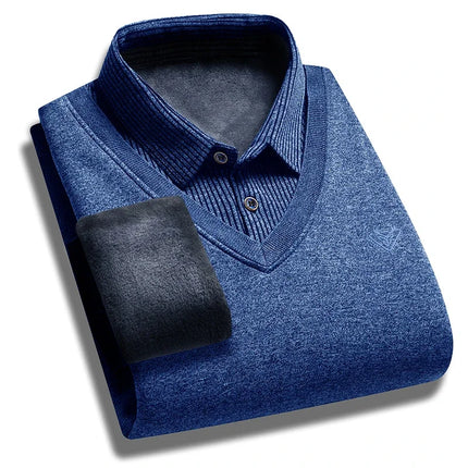 Autumn and Winter New Collection with Fleece Fake Two Piece Long Sleeved Polo Shirt for Men Fashionable and Casual Versatile Top