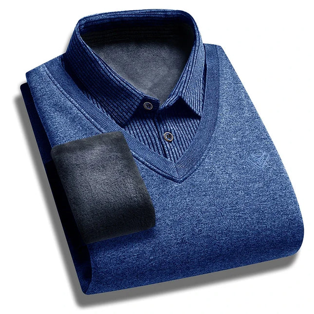Autumn and Winter New Collection with Fleece Fake Two Piece Long Sleeved Polo Shirt for Men Fashionable and Casual Versatile Top
