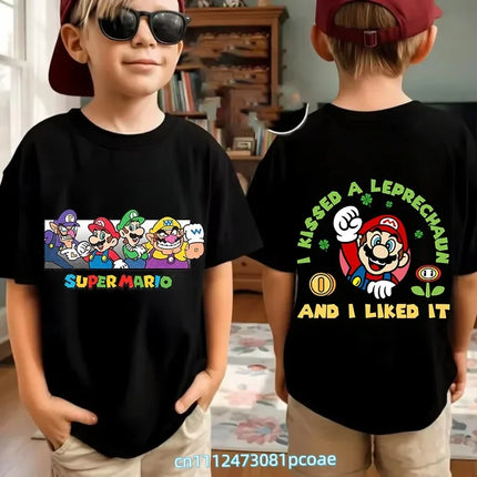 Super Mario Cartoon Pattern Unisex Cotton Short Sleeved O-neck Summer Short Sleeved Casual Adult/Children Role-playing T-shirt