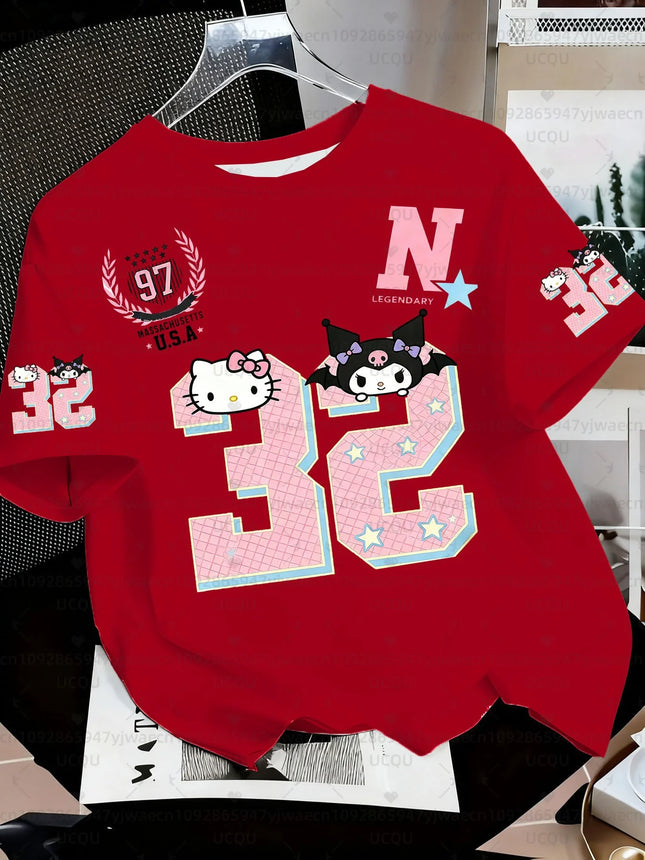 Summer Women's Girl's Casual Hello Kitty Kuromi My Melody Print Kid Cute T-Shirt Round Neck Tee Outdoor Sport Men's T-shirt