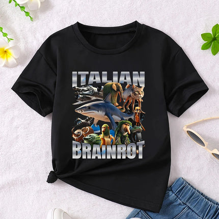 Y2K Boys Girls Italian Brainrot Animals Kids T-shirt Tung Tung Tung Sahur Short Sleeve Tops Funny Meme Cute Tee Summer Clothing