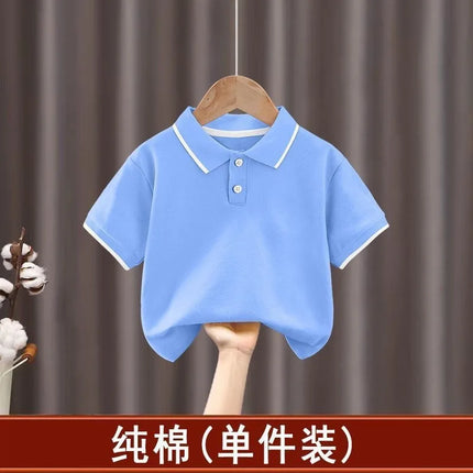 2025 New Children's Boys' Short sleeved Polo Shirt Summer Splicing Breathable Girls' Trendy Collar Top Cross border