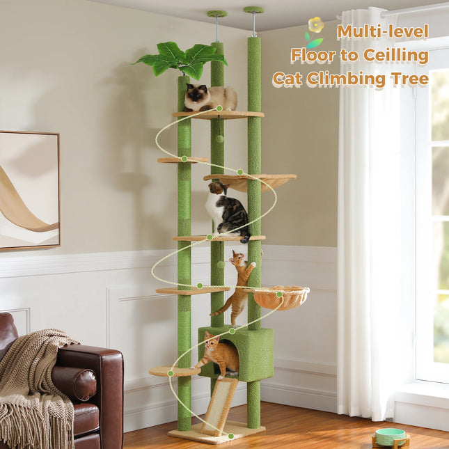 Cactus Cat Tree Floor to Ceiling Cat Tower Adjustable Height with Cat Condo Cozy Hammock and Scratching Post Tall Activity Tree