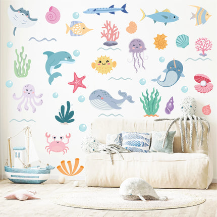 Cartoon Marine Life Wall Stickers for Kids Room Bathroom Wall Tile Decals Octopus Sea Turtle Fish Wall Posters Home Decoration