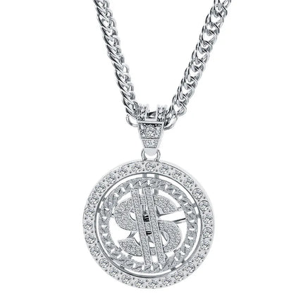 Hip Hop Gold Silver Color Rotating Dollar Pendant Long Necklace Rhinestone Men Boy Jewelry Rotating Disc Necklace Accessories