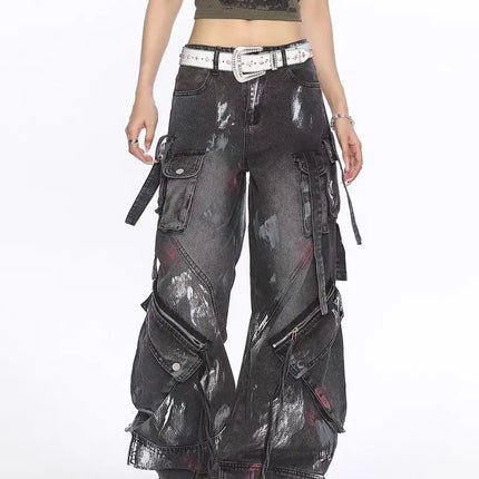 American 2000s Heavy Industry Y2K Harajuku Gothic Multi-Pocket Washed Black Jeans Men And Women Oversize Hip Hop Wide Leg Pants
