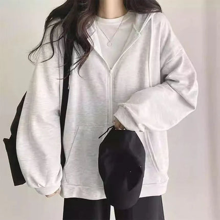 【100% Cotton Classic Style 】 Solid-color Zipper Hoodie for Women, A Thin Cardigan Jacket in Korean Style, Loose and Laid-back