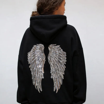 Women's Shinny Sequin Angel Wings Hooded Jacket Pant Long Sleeve Loose Casual Hooded Pullover 2025 New Lady Y2K Autumn Outwears