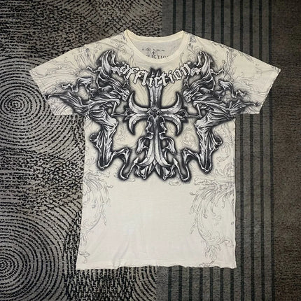 AFFICTION Red Goth Short Sleeves Men Women Vintage Cotton Couple Matching Hip Hop Streetwear Distressed Round Summer Grunge Tee