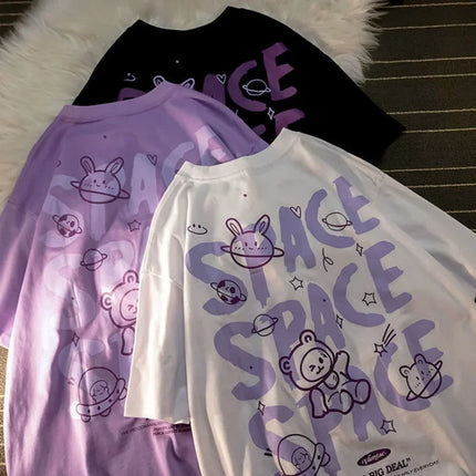 Women T-Shirt Print Bear Graffiti Short Sleeved Space Oversized T-shirt Loose Retro Harajuku Style Couple Shirt Tops Y2k