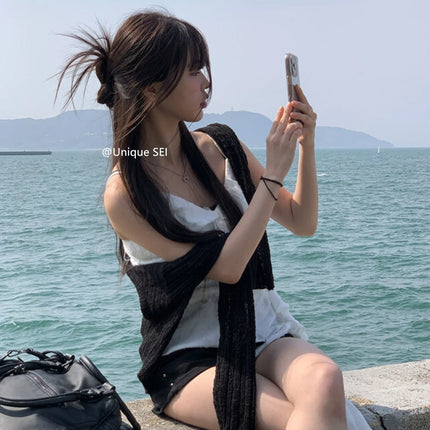 Unique SEI Korean Style Summer Irregular Lace Trim Splice Slimming Strap Top Rivet Denim Shorts Women's Commute Straight Leg Fit