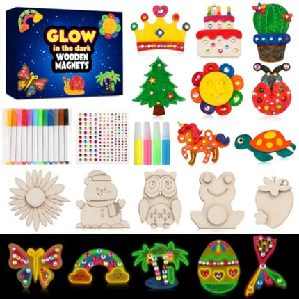 30pcs DIY Wooden Magnets, Glow in The Dark Wooden Art Craft Supplies Painting Kit for Activities Party Favors for Boys Girls Ag