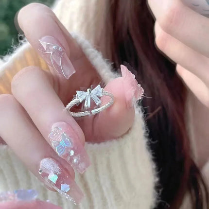 Romantic Lovely White Bowknot Rings Female Girls Exquisite Jewelry Ring with Shiny Bow Tie Zircon for Party Dating Lovers Gifts