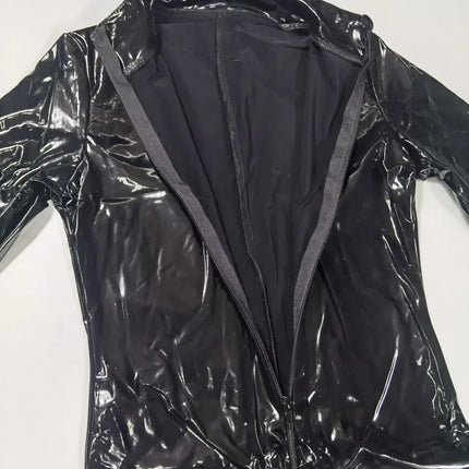 Pluse Size Women Shiny Leather Jumpsuits Long Sleeve Zipper Open Crotch Latex Bodysuit Hot Porn Breast Exposing Sexi