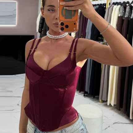 Women Solid Deep-v Satin Camisole Corset Top Elegant Double-strap Fitted Cropped Back-tie 2026 Chic Versatile Date Lady Tops