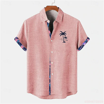 2026 Summer Men's Short-Sleeve Shirt, Coconut Tree Print, Color-Blocked Placket, Casual Vacation Beach Shirt, Hawaiian Shirt