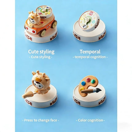 Baby Puzzle Cartoon Toy Car with Multiple Gameplay Modes Inertia Sliding Face Chang Whistl Small Car Children Time Cognition Toy