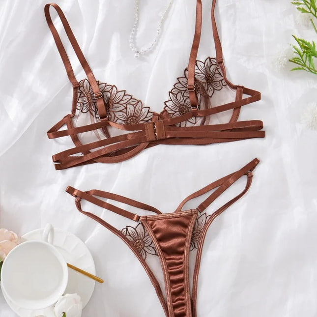 High-End Floral Embroidered Underwire Bra Set, Women's Mesh Unlined Bra + Panties