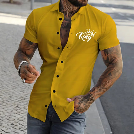 2026 New Men's Short-Sleeve Shirt, Stylish Crown Print Pattern, Slim Fit, Versatile, Simple Shirt, Multiple Colors Available