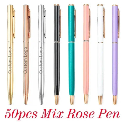 50 Pcs Metal Ballpoint Pen Rose Gold Pen Custom Logo Stationery Business Gift Lettering Engraved Name School&office Supplies