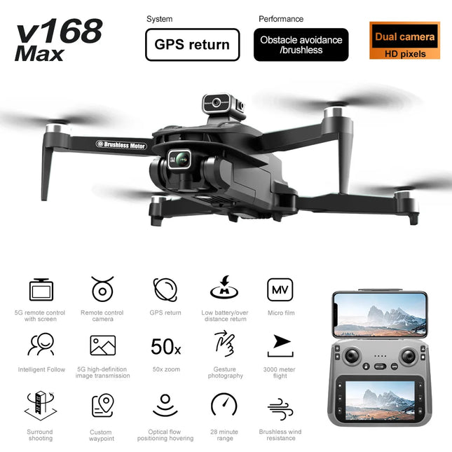 V168 Pro Max Drone GPS Profesional with 8K HD Camera FPV 5G Wifi Brushless Motor Foldable RC Quadcopter Obstacle Avoidance Dron