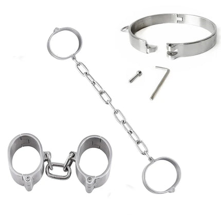 Stainless Steel Handcuff Slave Restraints Set Bondage Collar Ankle Cuffs BDSM Bondage Restraint Sex Toys for Women Man Couples