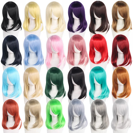 High Quality 40cm Medium Cosplay Wig With Bang Black Blond Pink Red Blue Purple Heat Resistant Synthetic Hair Wigs