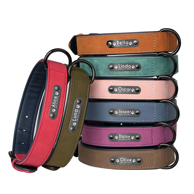 Personalized PU Leather Dog Collar Soft Padded Pet Dog Collars Engraved Name Paw Durable Necklace for Small Medium Large Dogs