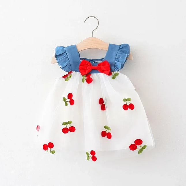 (Girls 0-3 Years Old) New Summer Girls Dress with Bow Preppy Princess Dress with Cherry Embroidery Small Flying Sleeves