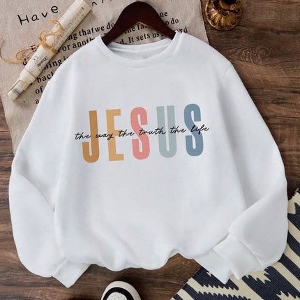 Jesus Color Letter Creative Print Women Sweatshirt Soft Fleece Pullover All-Match Y2K Loose Clothes Autumn Casual Streetwear