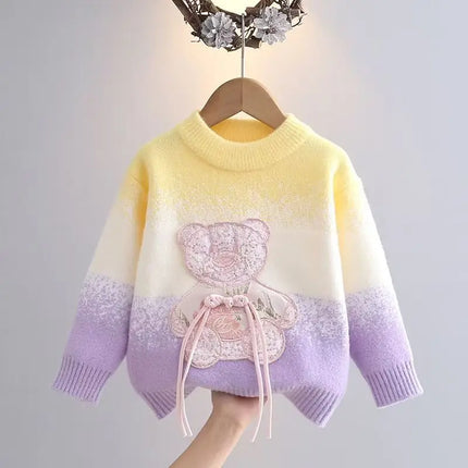 Fringe Bear Girls Sweaters New Fall Winter Children Cartoon Pullover Appliques Teenagers Knit Sweater Cozy Furry Sweater HY12111