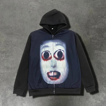 Personalized Funny Pattern Printed Hoodie with Zipper Pocket Dark Style Y2K Halloween Fashion Jacket for Casual Wear