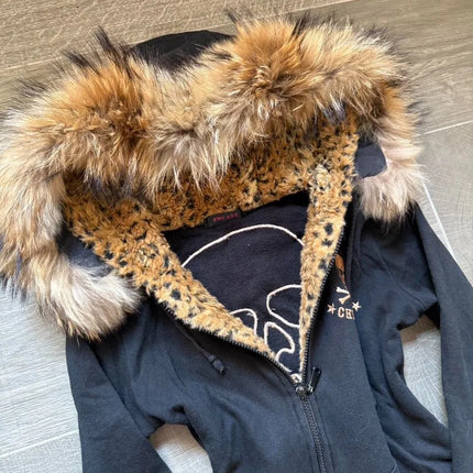 Y2K Harajuku New Fashion Skull Embroidery Plus Velvet Padded Casual Joker Vintage Popular Hip Hop Couples Fur Collar Coat Tops