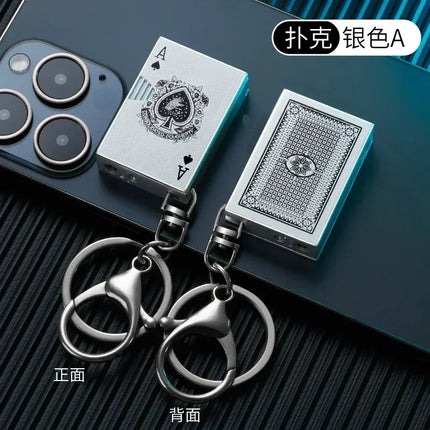 Metal Poker Keychain Pendant Inflatable Lighter Mini Compact Side Slip Butane Open Fire Outdoor Portable Lighter Men's Gift