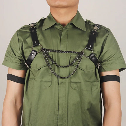 Punk Fashion Harness Men PU Leather Fetish Adjustable Caged Metal Body Chain Gay Clothing Suspenders Rave Belt Gothic Style