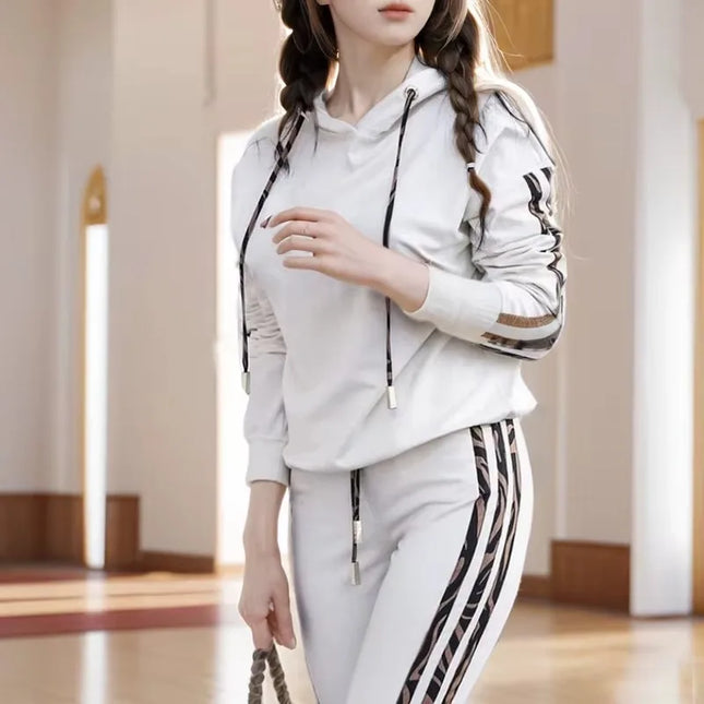 2-Piece Drawstring Hooded Trousers Suit Leopard Print Casual Long Sleeve Tracksuit Solid Casual Pullover Sweatshirt and Pants Set