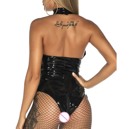 Sexy Lingerie Women Mesh Faux Leather Bodysuits Latex Body Femme Catsuit Fetish Clubwear Erotic Open Crotch Underwear Teddies