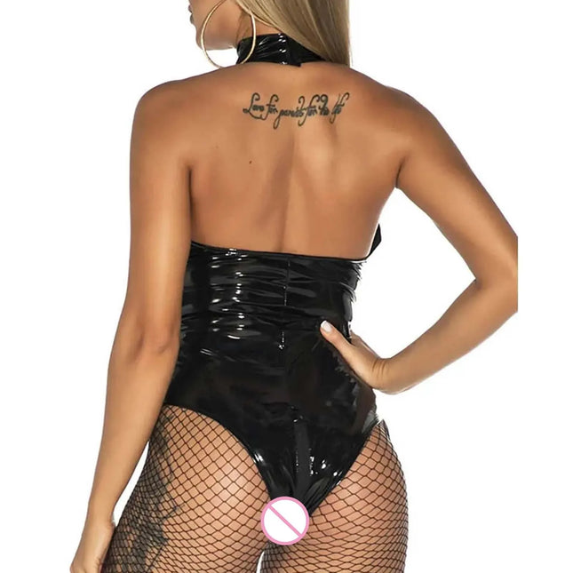 Sexy Lingerie Women Mesh Faux Leather Bodysuits Latex Body Femme Catsuit Fetish Clubwear Erotic Open Crotch Underwear Teddies