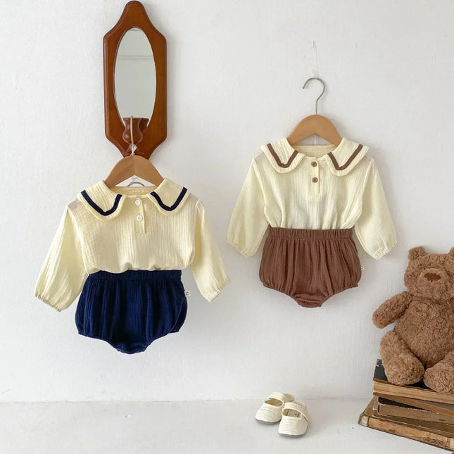 Newborn Baby Girls Boys Autumn Long Sleeve Navy Collar Top Tees Solid Bread Bottoms Infant Kids Pure Cotton Clothing Set 2pcs